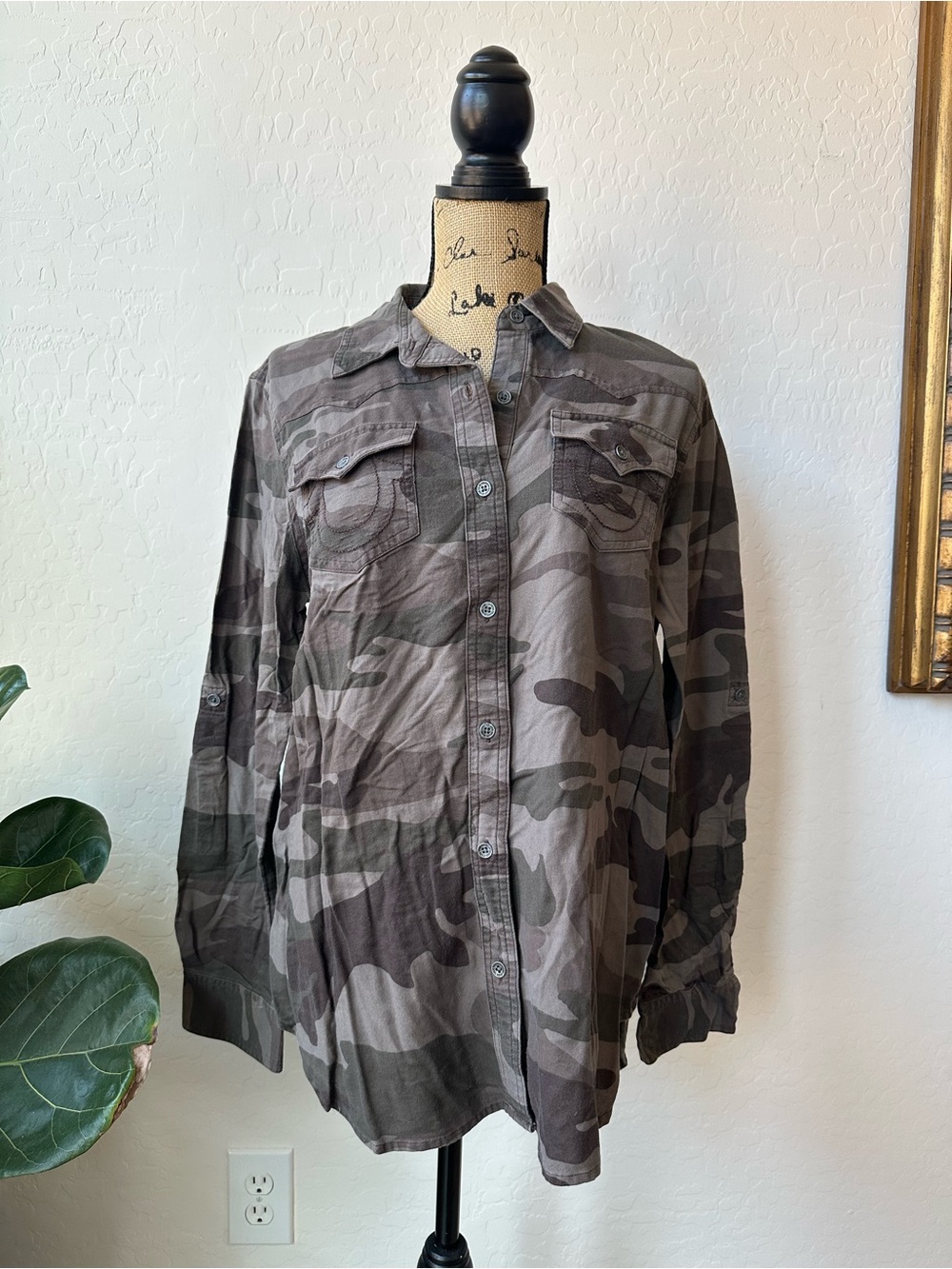 True Religion Women’s Gray Camouflage Button-Down Shirt